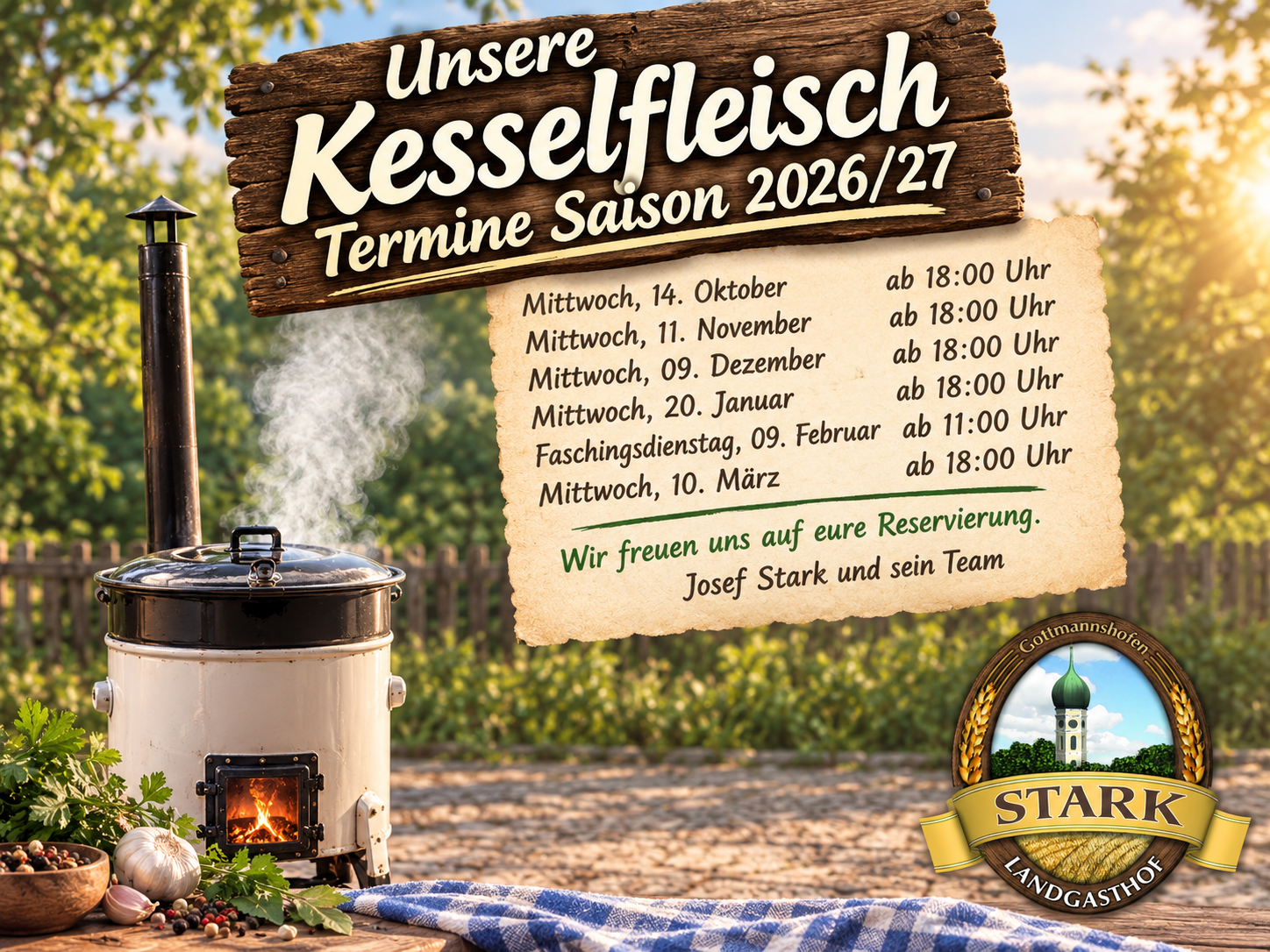 Kesselofen und Kräuter im Freien; auf dem Schild sind die Termine und Einzelheiten zur Kesselfleisch-Veranstaltung im Gasthaus Stark angegeben.