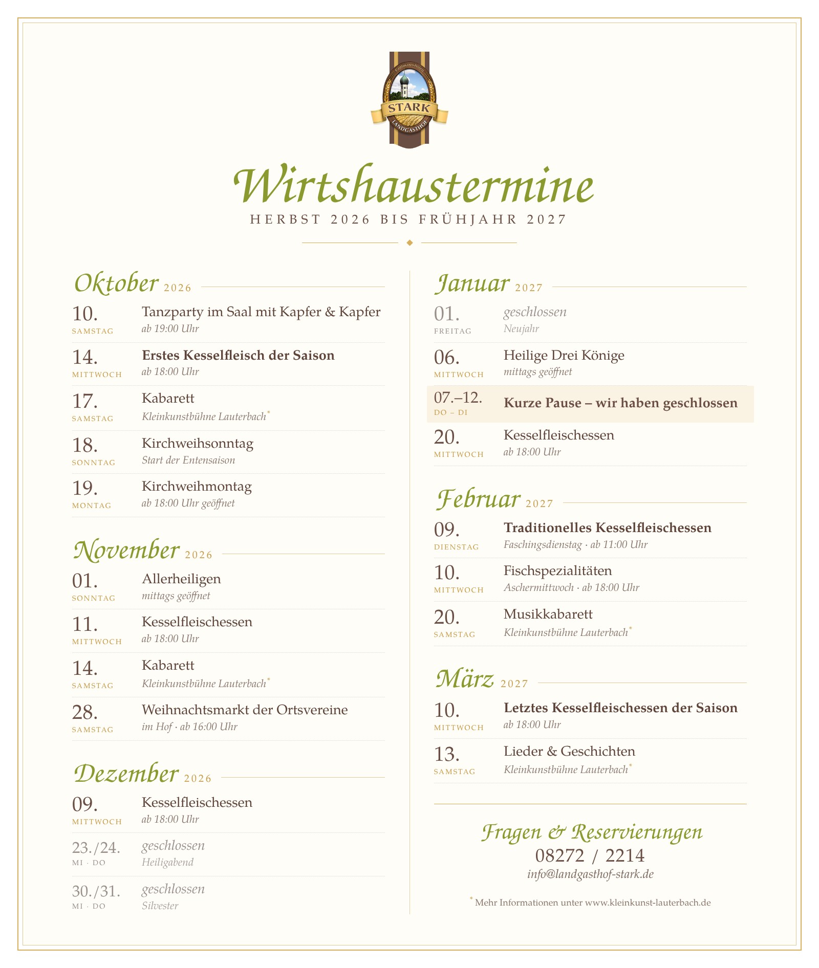 Veranstaltungskalender des Landgasthofs Stark: Oktober 2026 – März 2027.