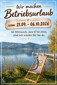 Urlaubsankündigung des Unternehmens, 21. September bis 6. Oktober 2026; Abbildung zeigt einen See, Berge und einen leeren Liegestuhl.